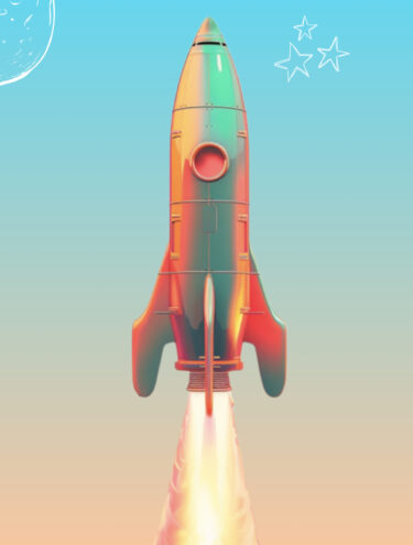 Teal and orange rocket launching into space.